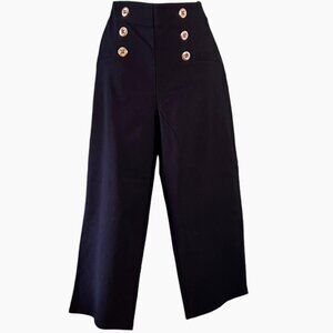 Derek Heart High Waist Wide Leg Capri Black with Gold Buttons w/invisible zip L